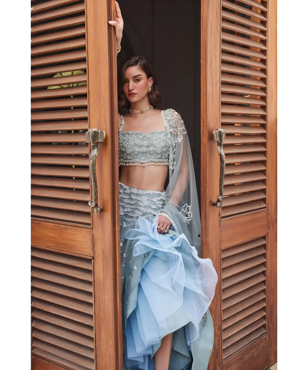 SANYA GULATI- Powder Blue Organza Skirt and Bustier